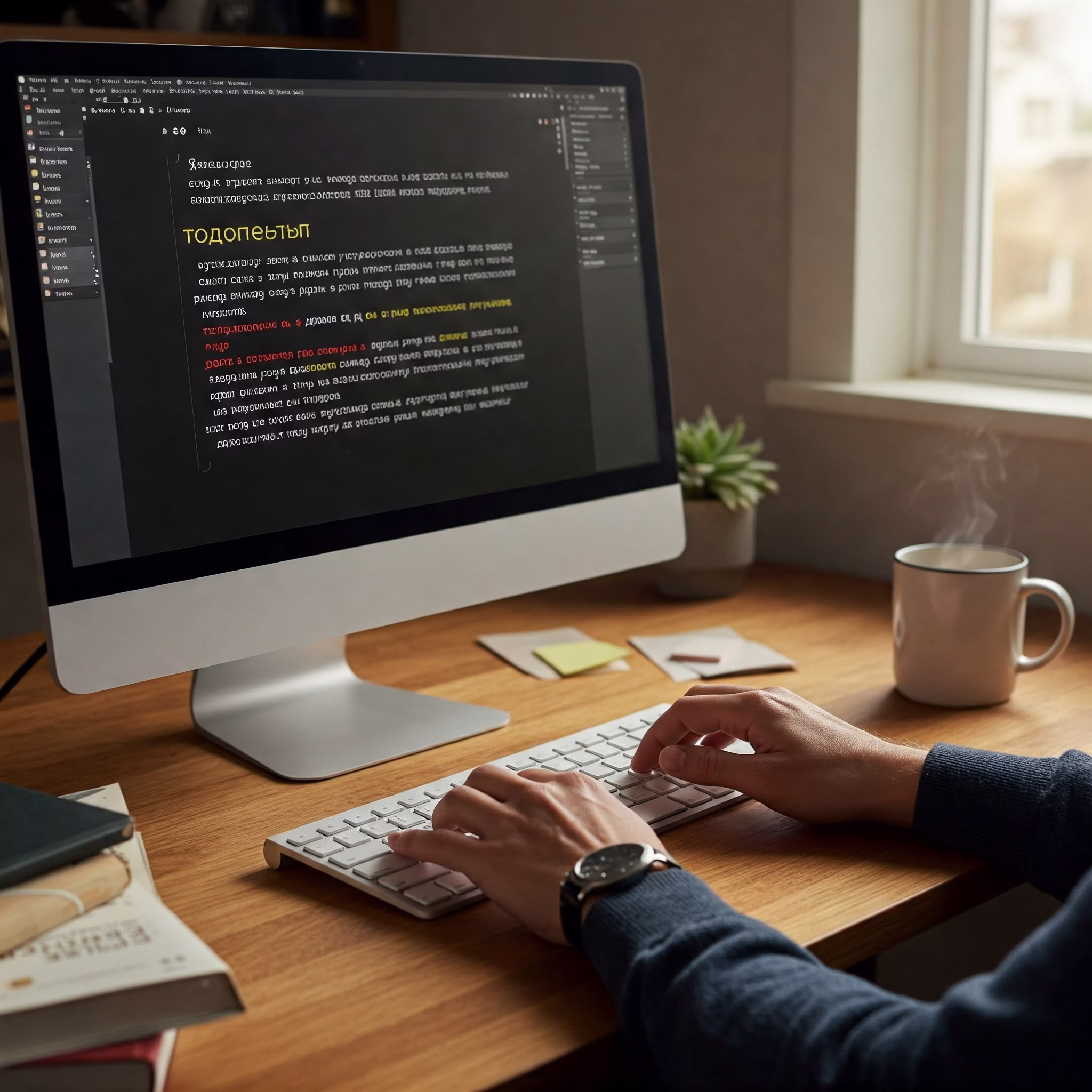 A person working at a desk, typing on a keyboard in front of a computer monitor. There is a cup of coffee on the desk next to the keyboard.